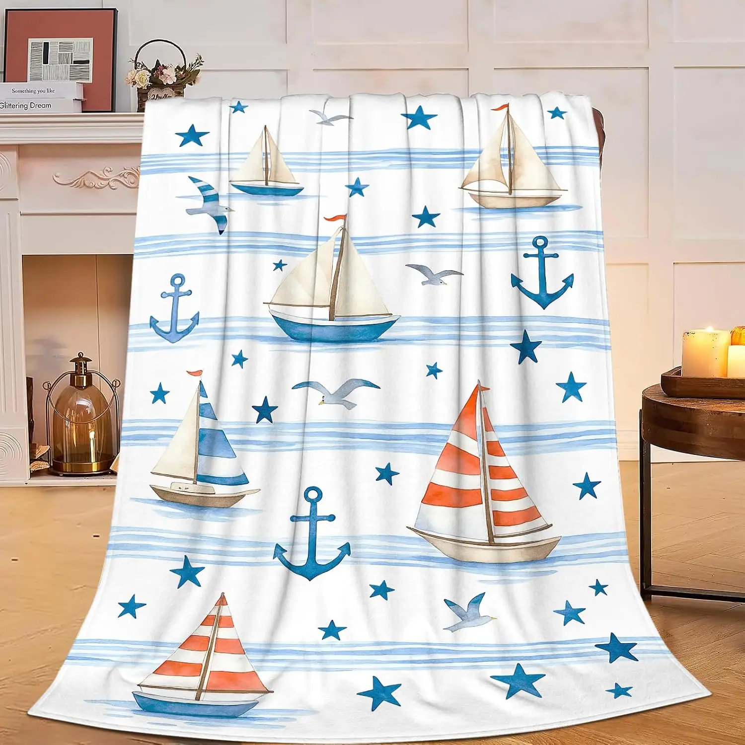 

Spring Nautical Coastal Boat Throw Blanket Decor Living Room Ocean Theme Sea Pattern Beach Vacation Home Decor Gift