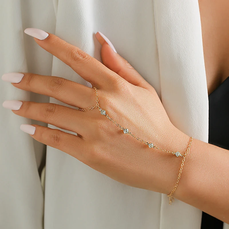 1Pc Creative Boho Crystal Tiny Finger Chain Bracelets For Women Wedding Bridal Simple Connecting Hand Harness Bracelet Jewelry