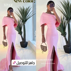 XPAY Vintage Pink Mermaid Evening Dresses Saudi Arabic Women Customised Off Shoulder Split Stretch Prom Gowns Formal Party Dress