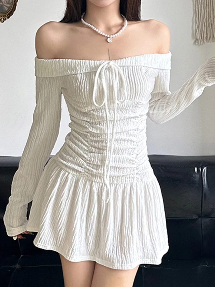 Pure Desire French Style Dress Bow One-Shoulder A-Line Long Sleeve Slimming Hot Smocked Waist Mini Slimming Elegant Dress
