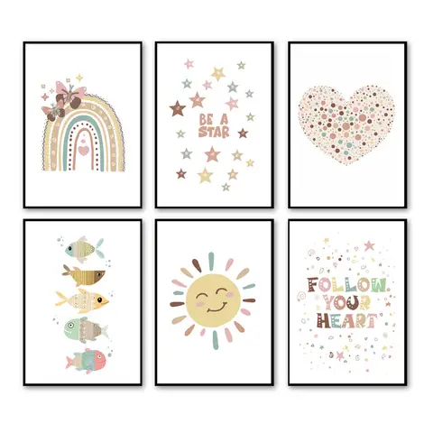 Pintura en lienzo de arte de pared de arco iris, estrellas, sol, corazón, pez, mariposa, póster nórdico e impresiones, imágenes de pared, decoración de habitación de bebé y niños