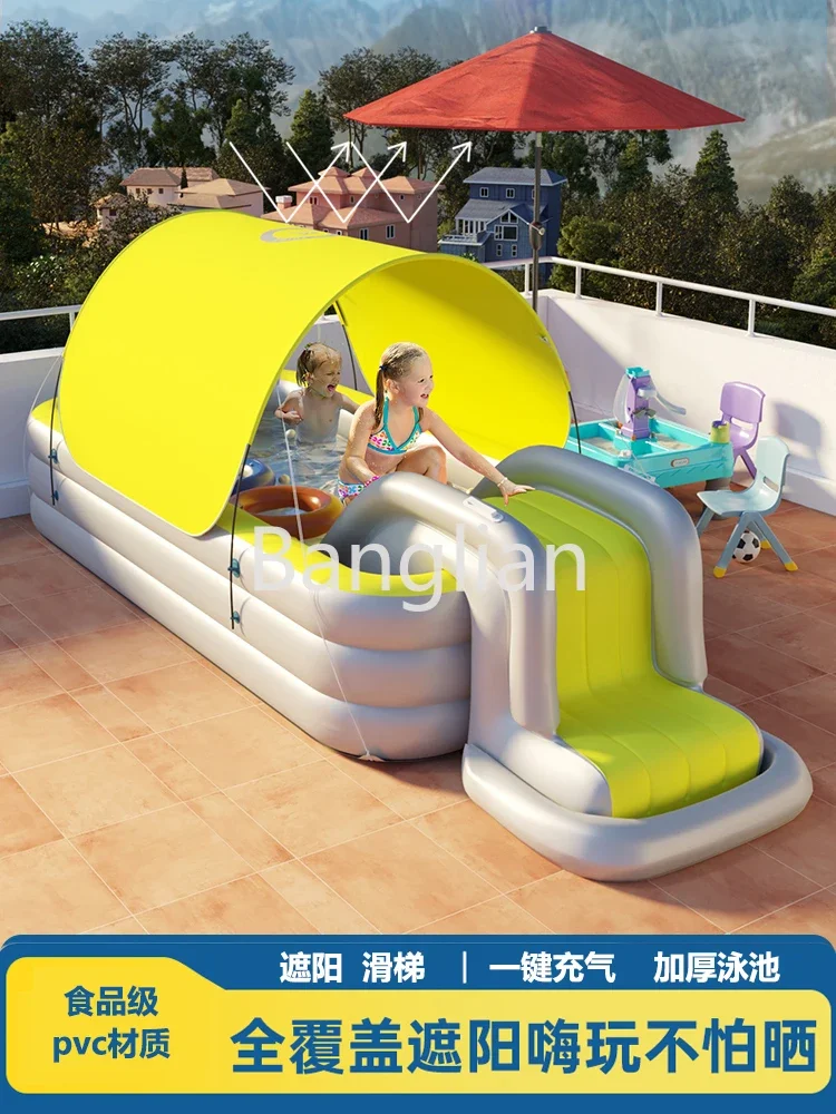 Household Outdoor Sliding Slide with Sunshade for Baby Children, Foldable, Large Automatic Inflatable Swimming Pool Toy, Family