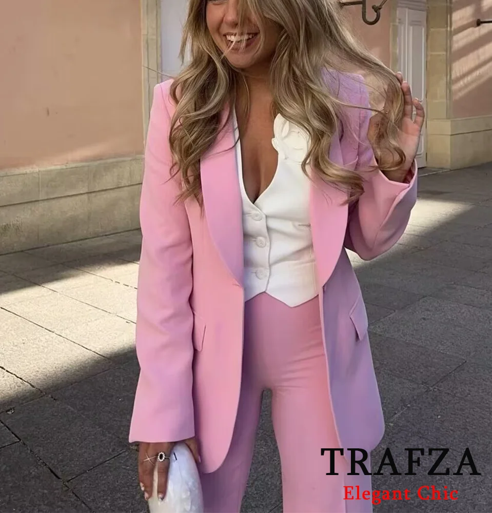 TRAFZA nuovo arrivo elegante abito da donna rosa pantaloni alla moda e Blazer a bottone singolo primavera autunno moda Blazer Suit