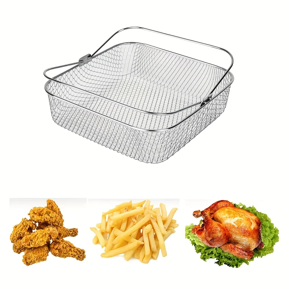 Stainless Steel Air Fryer Basket, Square Mesh with Easy Carry Handle, Breathable Accessory for Air Frying, Oven Safe, Food Safe