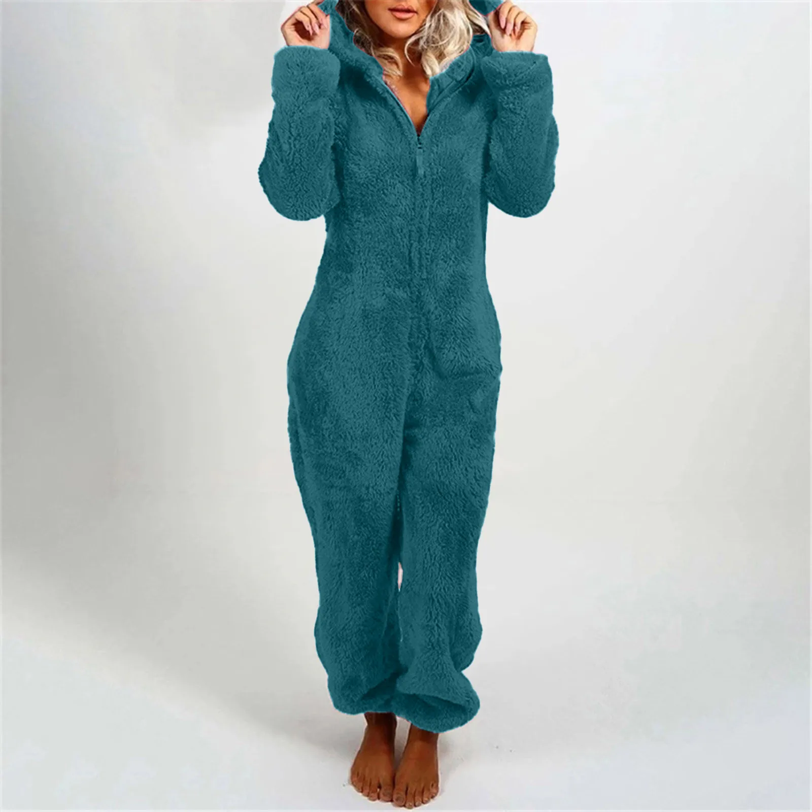 Pyjama en peluche à capuche avec fermeture éclair pour femme, grenouillères, vêtements de nuit, combinaison, oreille de chat, sourire chaud, document solide, mignon, grande taille, hiver, 2024