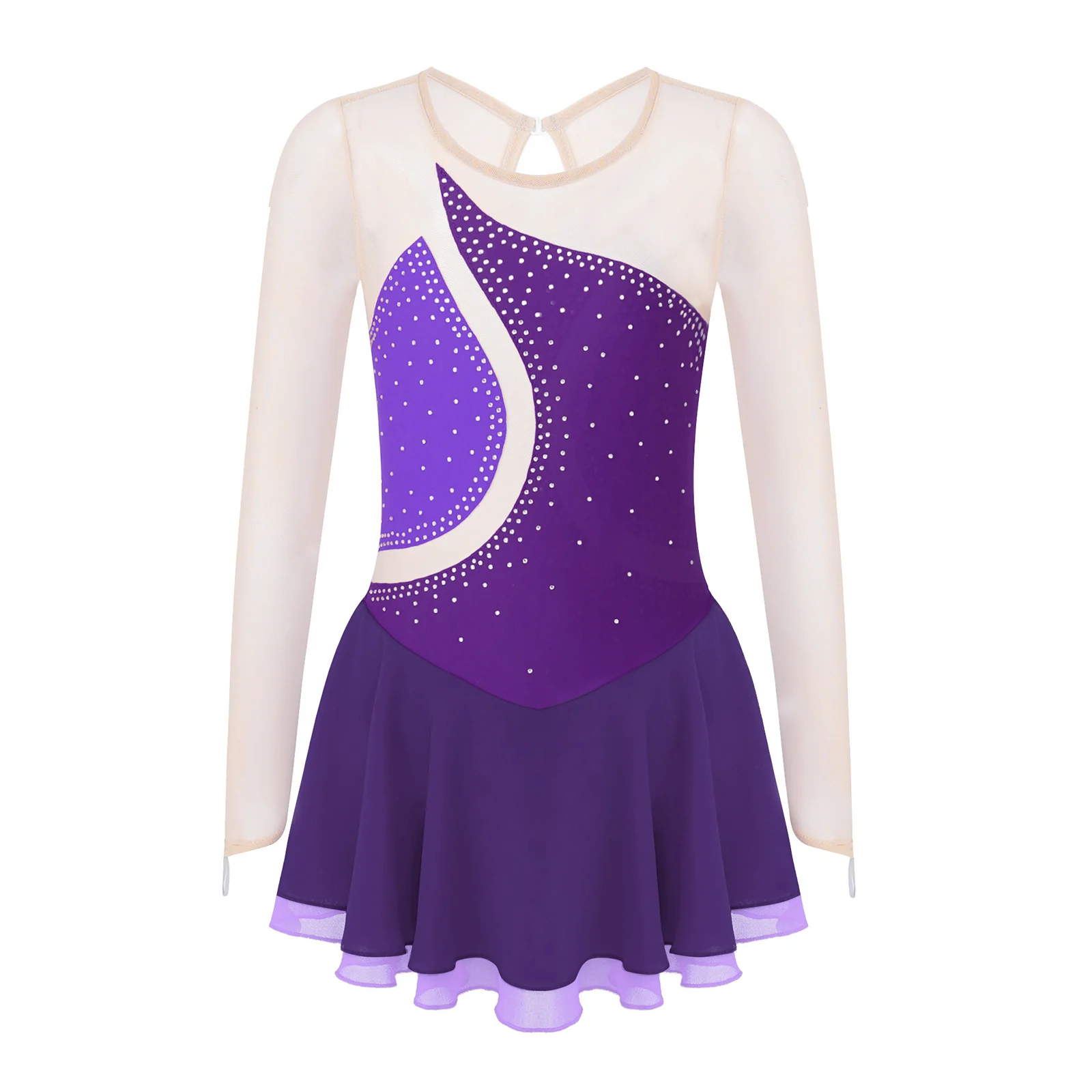 Kids Meisjes Figuur Schaatsen Kostuum Ballet Dans Slijtage Turnpakje Jurk Stijlvolle Rhinestone Lange Mouwen Hollow Terug Jurken