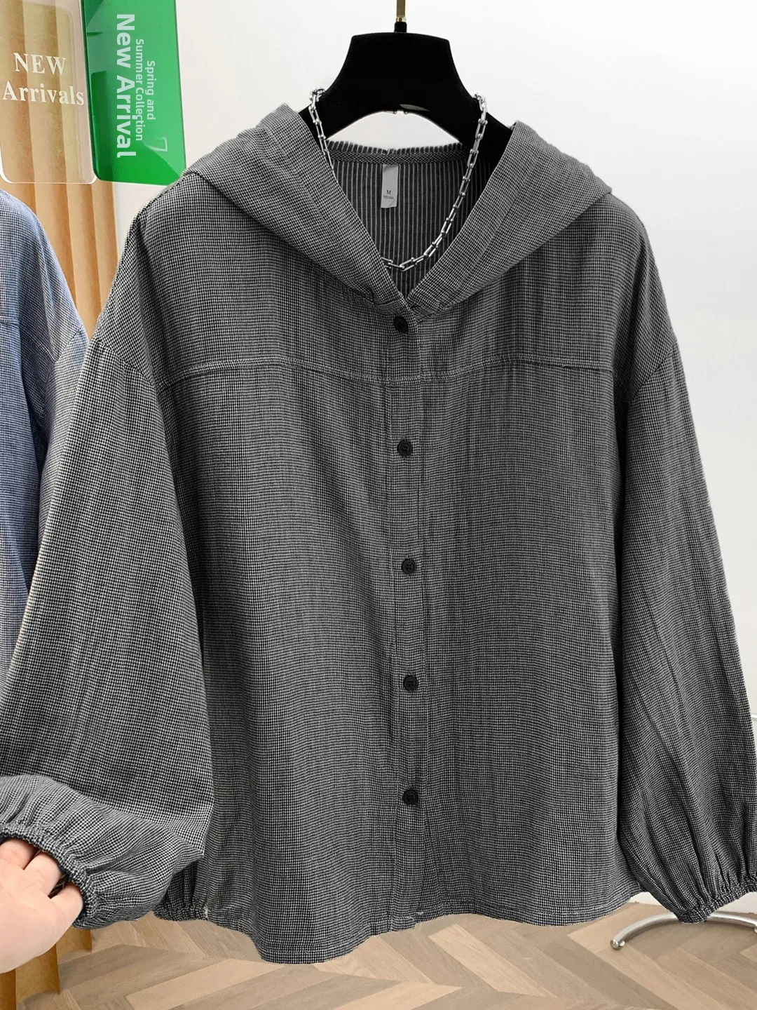 Fashionable Loose Casual Plaid Shirt Coat Casual Long Sleeve Cotton Yarn Hooded Open Cardigan Top for Autumn  Pear Strai...