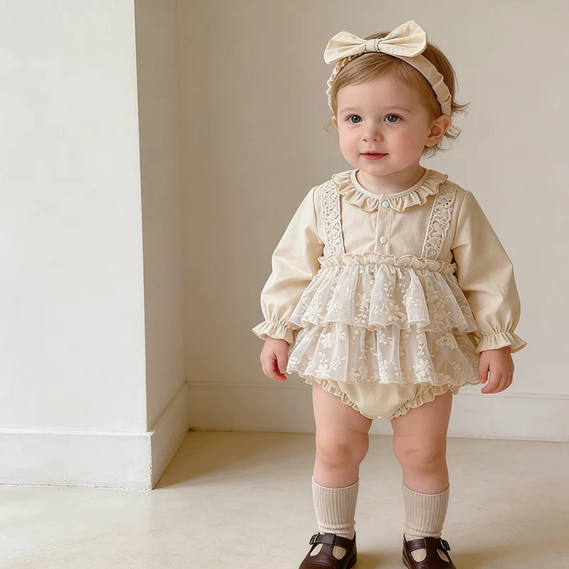 

2026 New Spring 0-24M Baby Girl Clothing Toddler Baby Girl Romper Long Sleeved Cotton Lace Splicing Korean Style Climbing Suit