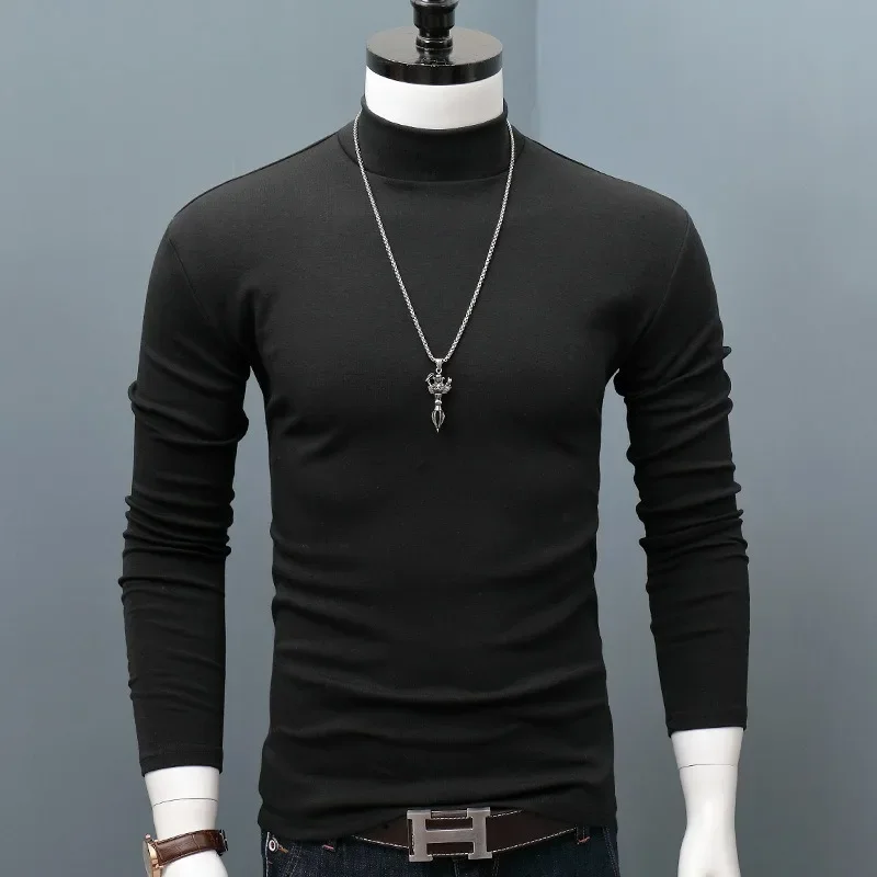 

2024 Winter Warm Men Mock Neck Basic Plain T-shirt Blouse Pullover Long Sleeve Top Fashion Male Outwear Slim Fit Stretch Sweater