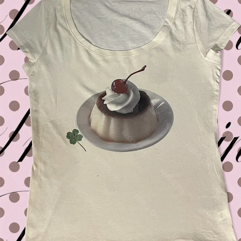 

Женский укороченный топ в стиле ретро с милым принтом торта Y2K, эстетичная уличная одежда 2000-х годов, милые универсальные повседневные женские короткие топы в стиле хип-хоп