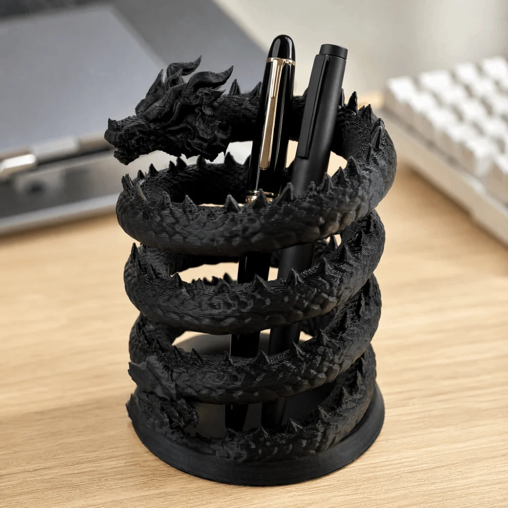 Gift Black Dragon Pen Holder 3D Printed Creative Desktop Statue Multi-purpose Spiral Coiled Storage Holder Game Room