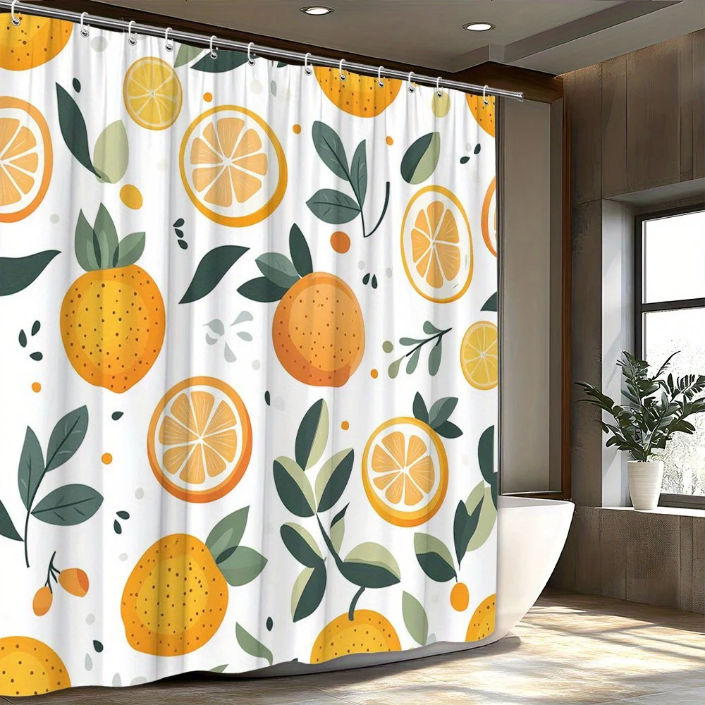 A Citrus Delight Shower Curtain: Brighten Up Your Bathroom with This Vibrant Design Featuring Juicy Oranges and Lush Green
