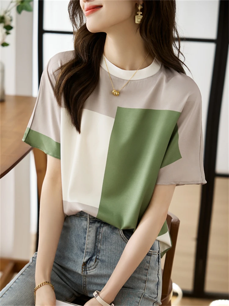 

French Style Light Luxury Summer Women's Round Neck Patchwork Contrast Color Mulberry Silk Fashion Short Sleeve T-shirt Tops