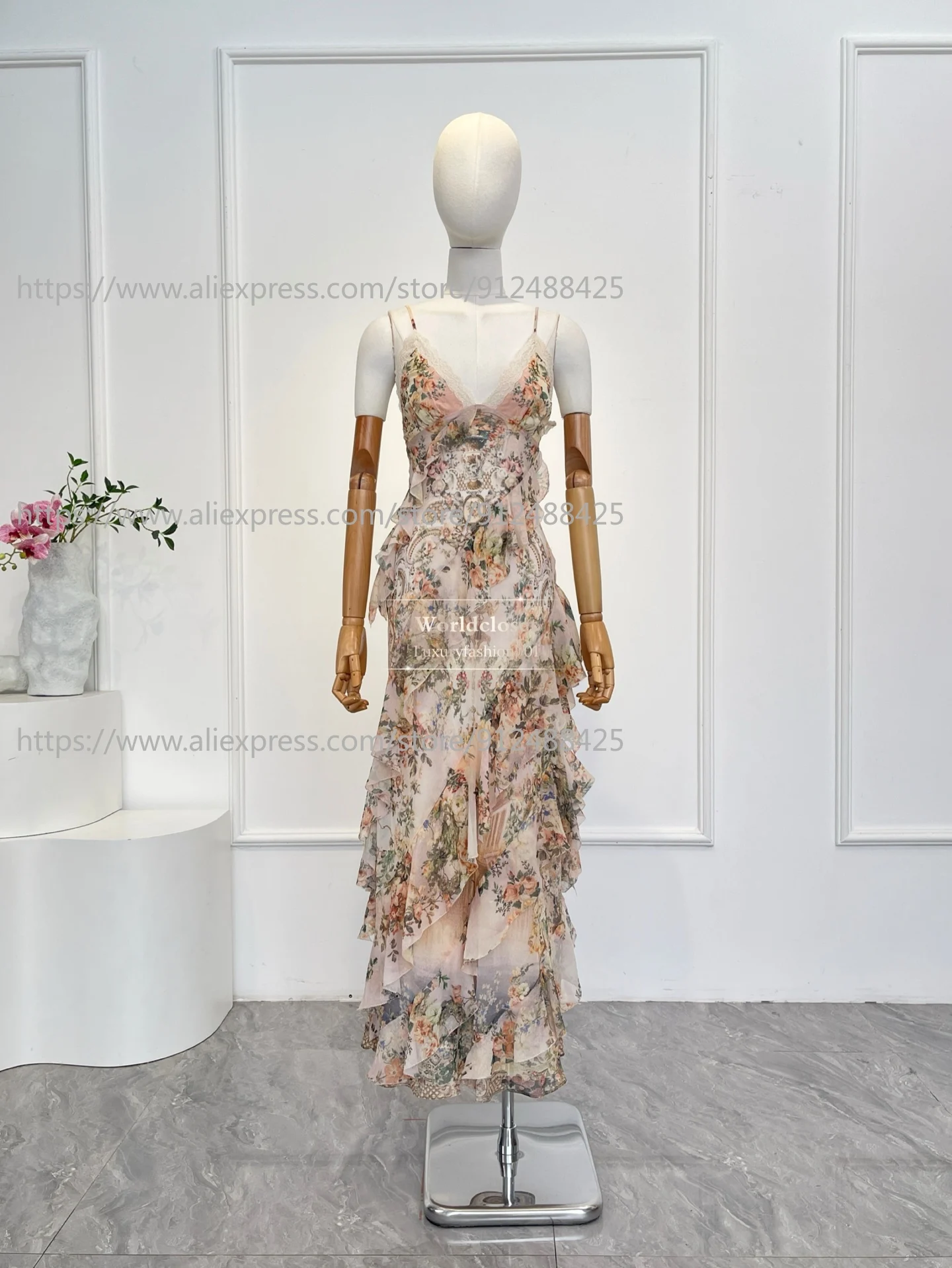 2026 Hoge kwaliteit nieuwe roze bloemenprint mouwloze kanten patchwork backless ruches midi-jurk voor vakantie