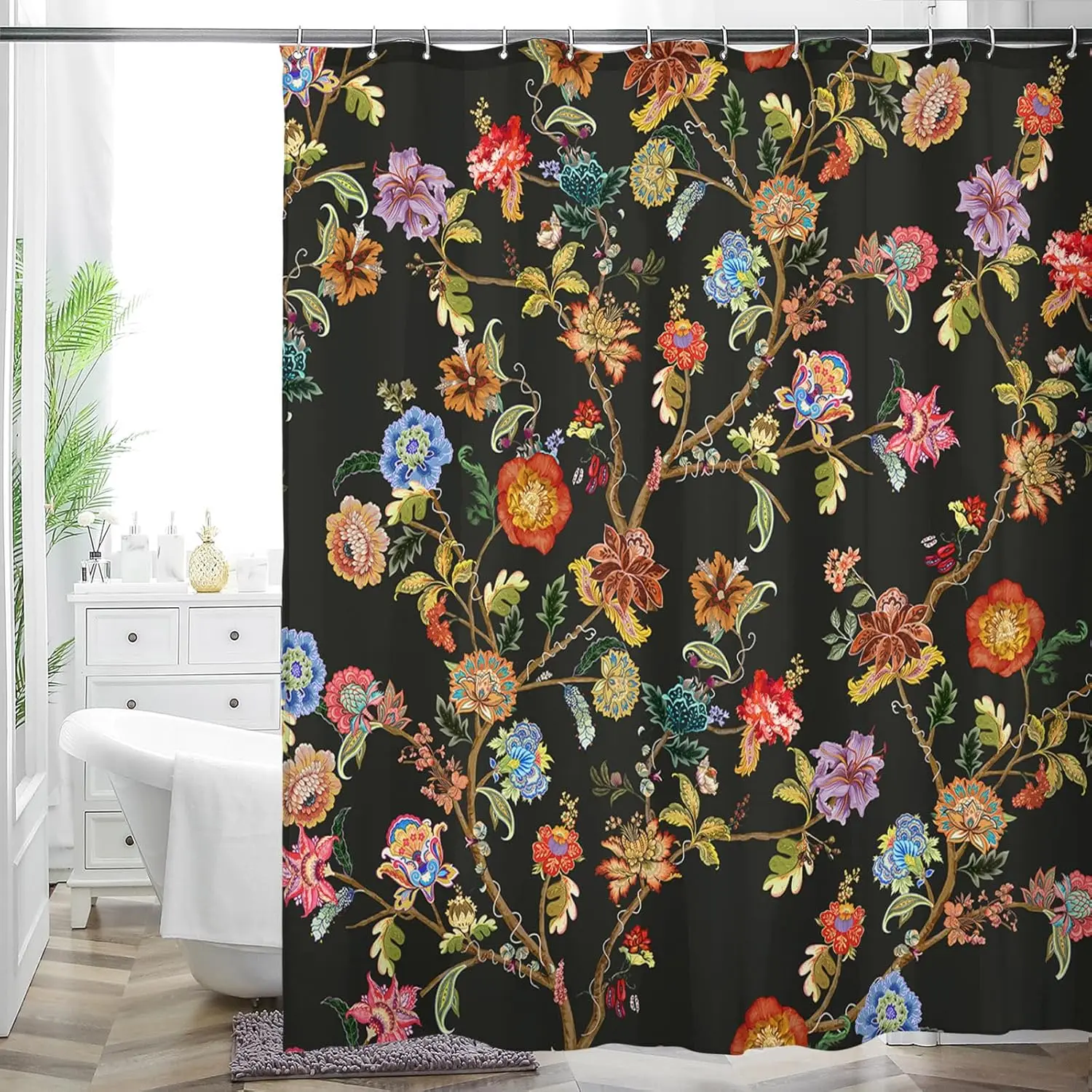 

Vintage Floral Shower Curtain Black Background Colorful Botanical Print Bathroom Decor Elegant Bath Curtain for Home Decoration