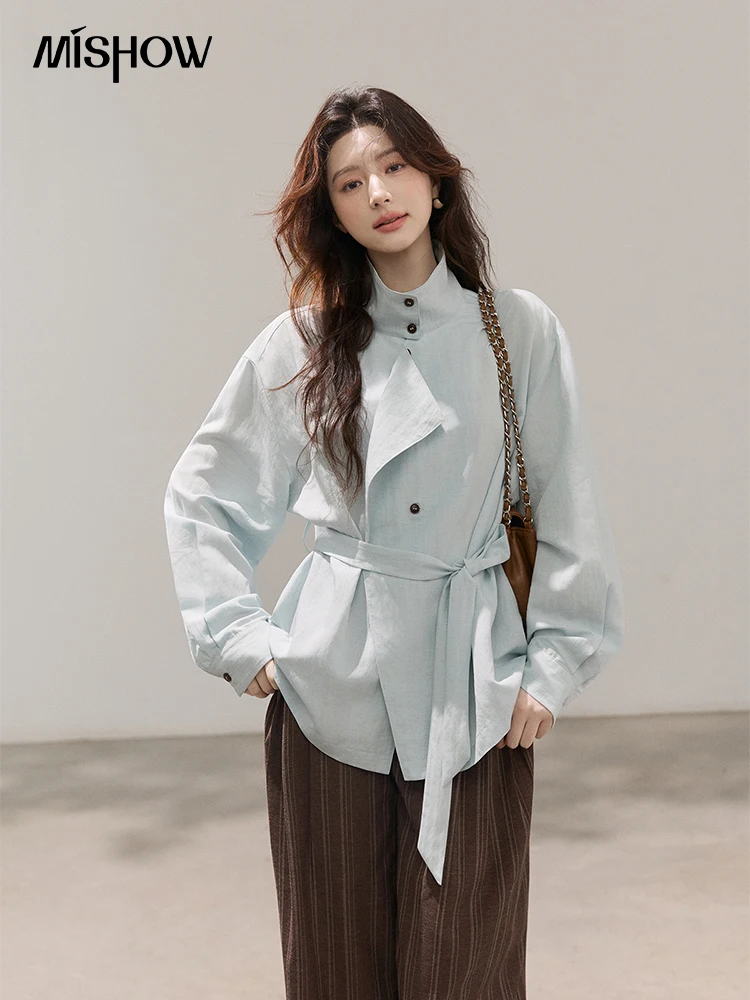

MISHOW Women's Stand Collar Long Sleeve Shirts Spring Belted Waist Asymmetric Button Tops Casual Loose Solid Shirt MXF13C2459