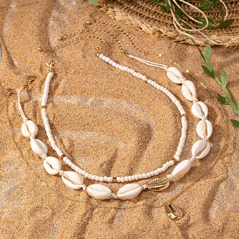 New Bohemian Shell Chain Clavicle Necklace Fashion Gold Color Rice Beads Multi layered Necklace Summer Sexy Beach Jewelry Gifts