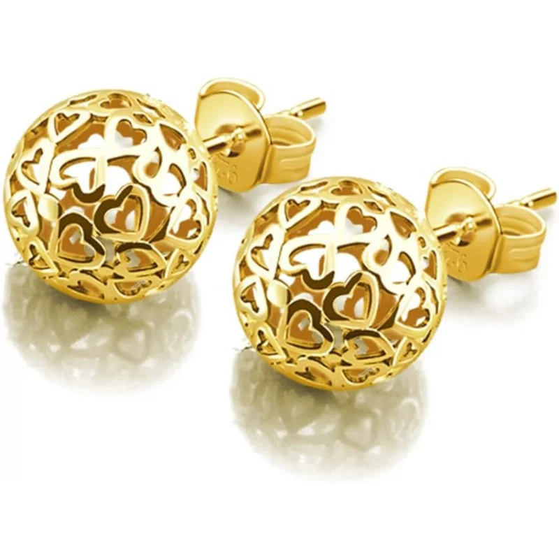 

24k Gold - Plated 925 Sterling Silver Stud Earrings for Women. Features 7mm Hollow Pattern Ball Pendant.