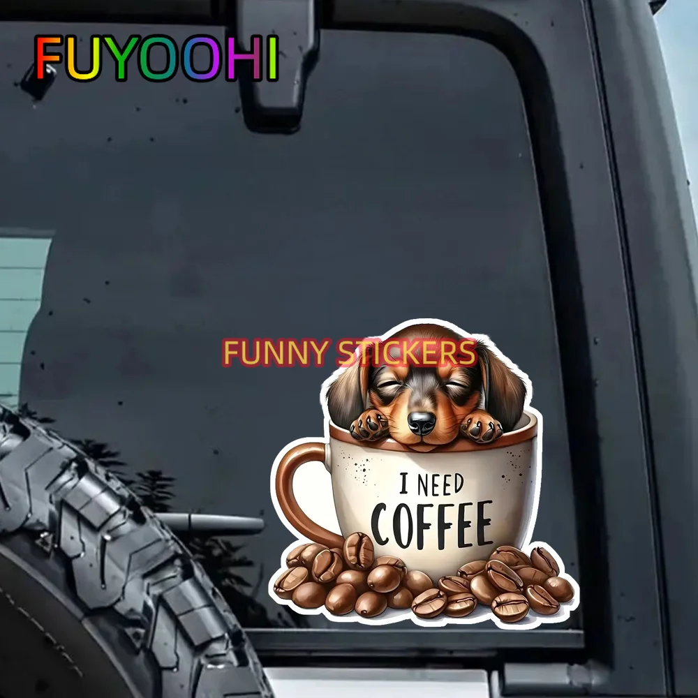 FUYOOHI Coffee Cup Dog with Coffee Beans Decal Sticker Self Adhesive for Car Window Bumper Wall Laptop Decoration