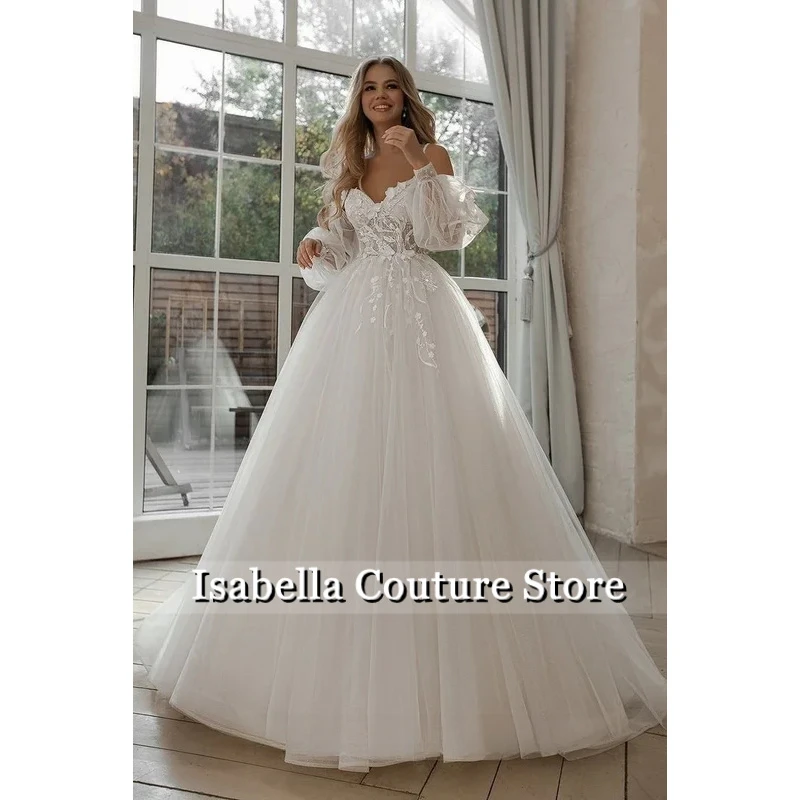 Off Shoulder Puff Long Sleeve Wedding Dress Sweetheart Lace Appliques Glitter Tulle A Line Bridal Gown Romantic Princess Bride