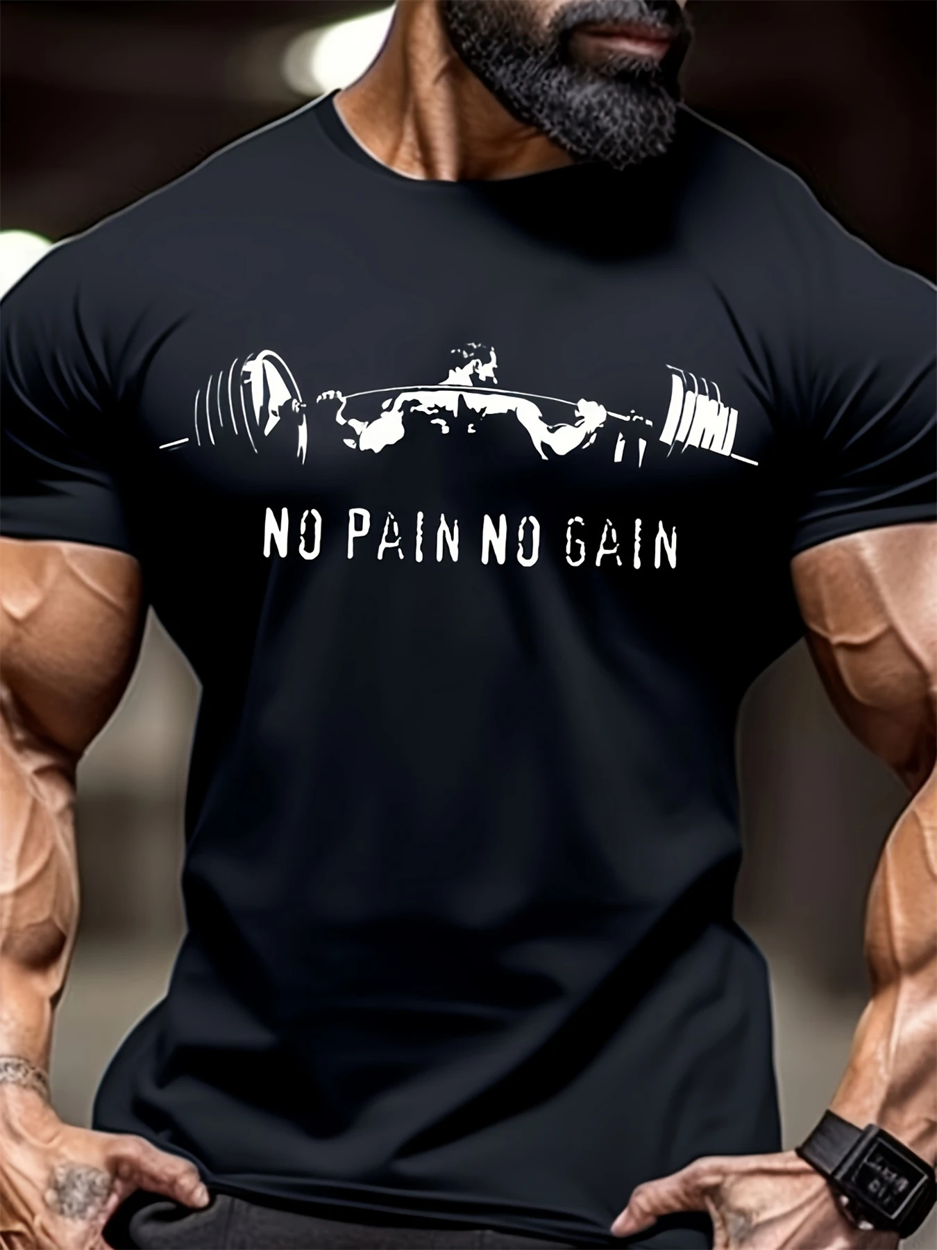 No Pain No Gain Muscle Man Lifting Iron Print Men's Fashion Comfy T-Shirt Oversized Round Neck Short Sleeve Tops Men's Clothing