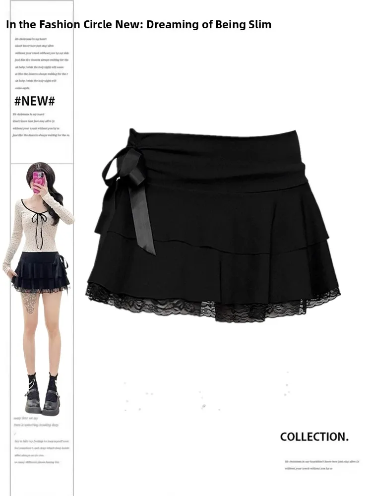 

plus Size American Retro Lace Splicing Knot f Skirt Women's Spring Slim A-Line ort Skirt High Waist Gingham