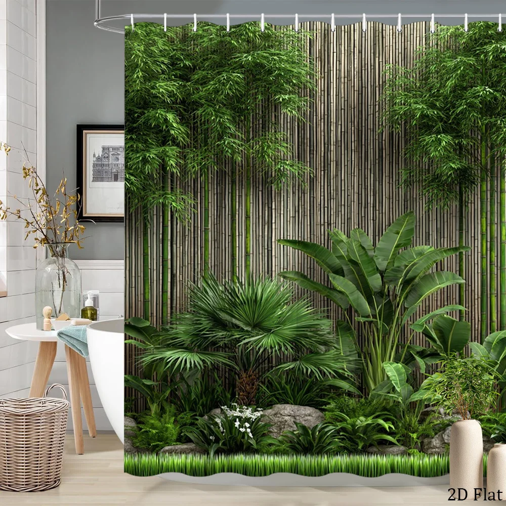 2D Flat, 1pc 2D Flat Tropical Botanical Shower Curtain Jungle Leaf Greenery Bathroom Decor Bath Curtain 70.8x70.8 Inch with 12 H