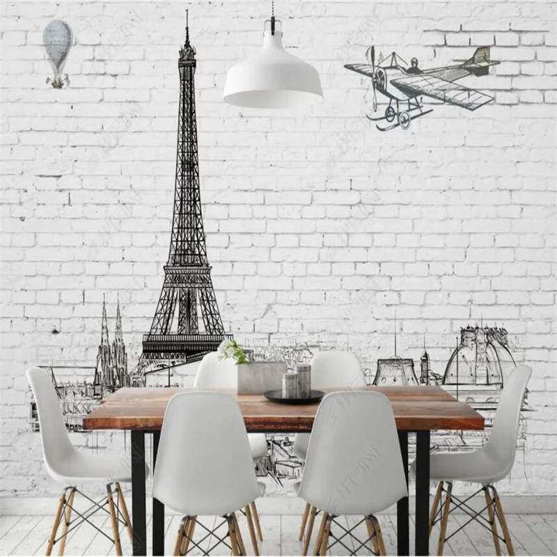 

Custom Mural White Brick Wall Paris Eiffel Tower Home Decor Modern 3D Photo Wall Paper Bedroom Decor Self Adhesive Wallpaper