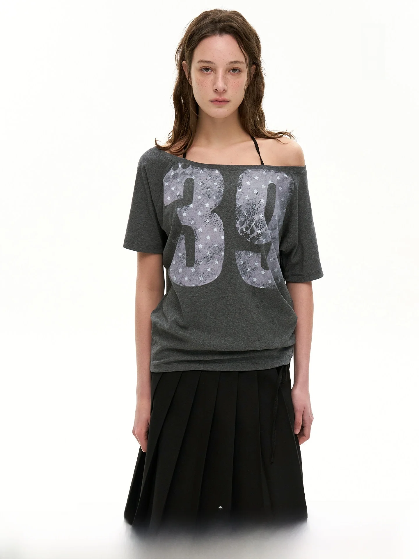 Heyabc American Retro Slimming Printed Loose Short Sleeve Shoulder Baring Top for Women Casual Summer T-shirt Vintage Style
