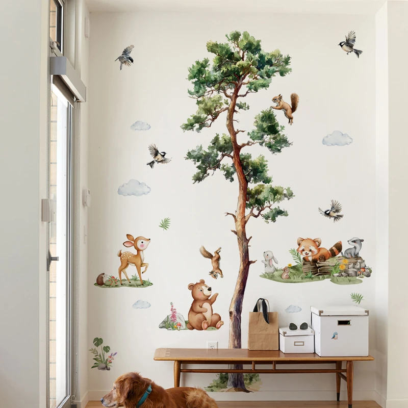 Bigger Green Tree Wall Decals Cute Small Animal Grass Land White Clouds Vinyl Stickers for Home Decoration Aesthetic Rooms Porch