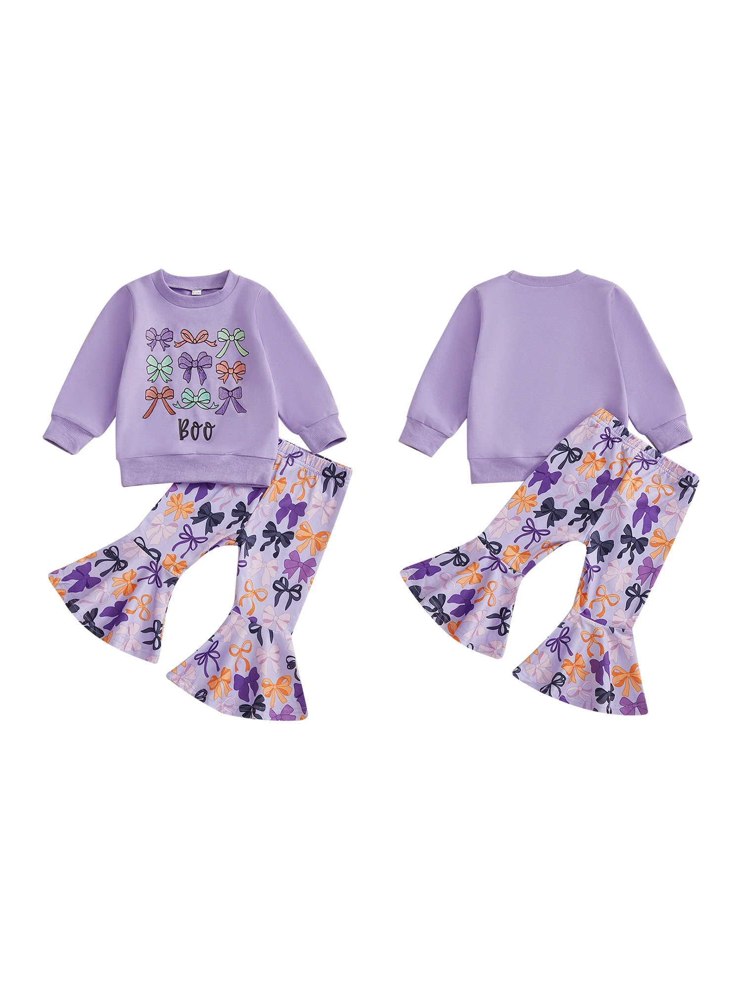 

Toddler Girl Halloween Costume Pumpkin Print Long Sleeve Round Neck Pullover Elastic Waist Flare Pants 2 Pcs Set