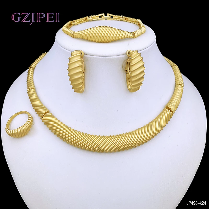 

Nigeria Brazil Gold Color Jewelry Set For Women 24k Gold Plated Party Jewelry Trendy Wavy Pattern Necklace Earring Bracelet Ring