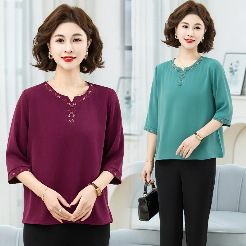 

Ele Embroidered Loose T-irt for Middle-Aged And ly Women Faionable f-Sve Top Stand Fit Polyester Fiber