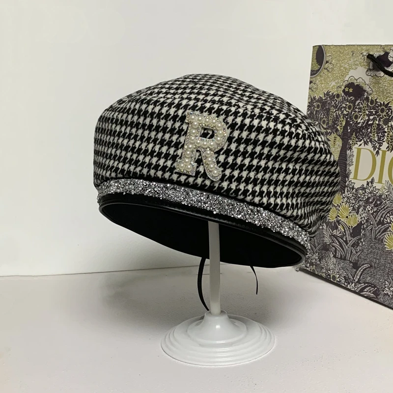 Retro French Women\'s Beret Fashion Rhinestone Pearl Letter Elegant Painter Hat Female Woolen Houndstooth Octagonal Hat For Women