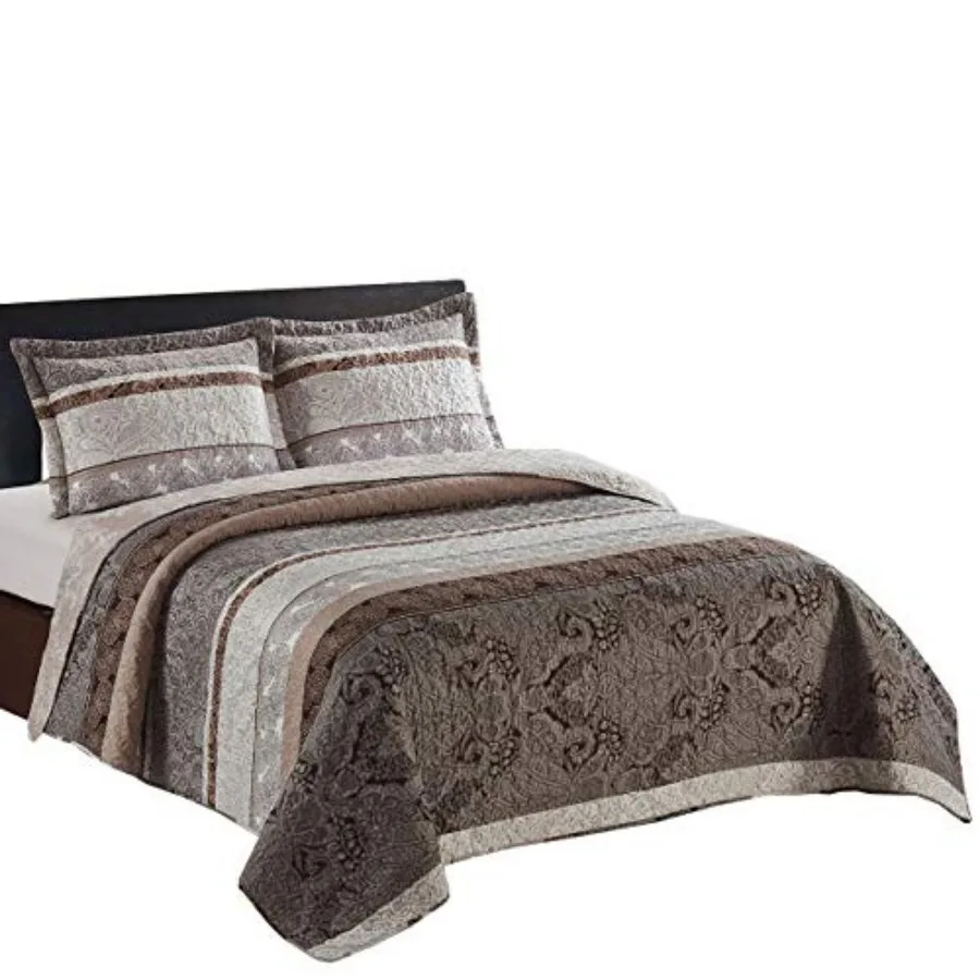 

Taupe Reversible Coverlets Over-Sized 3pc Quilt Set 92-Inch Wide x 96-Inch Long Lightweight Bedspread