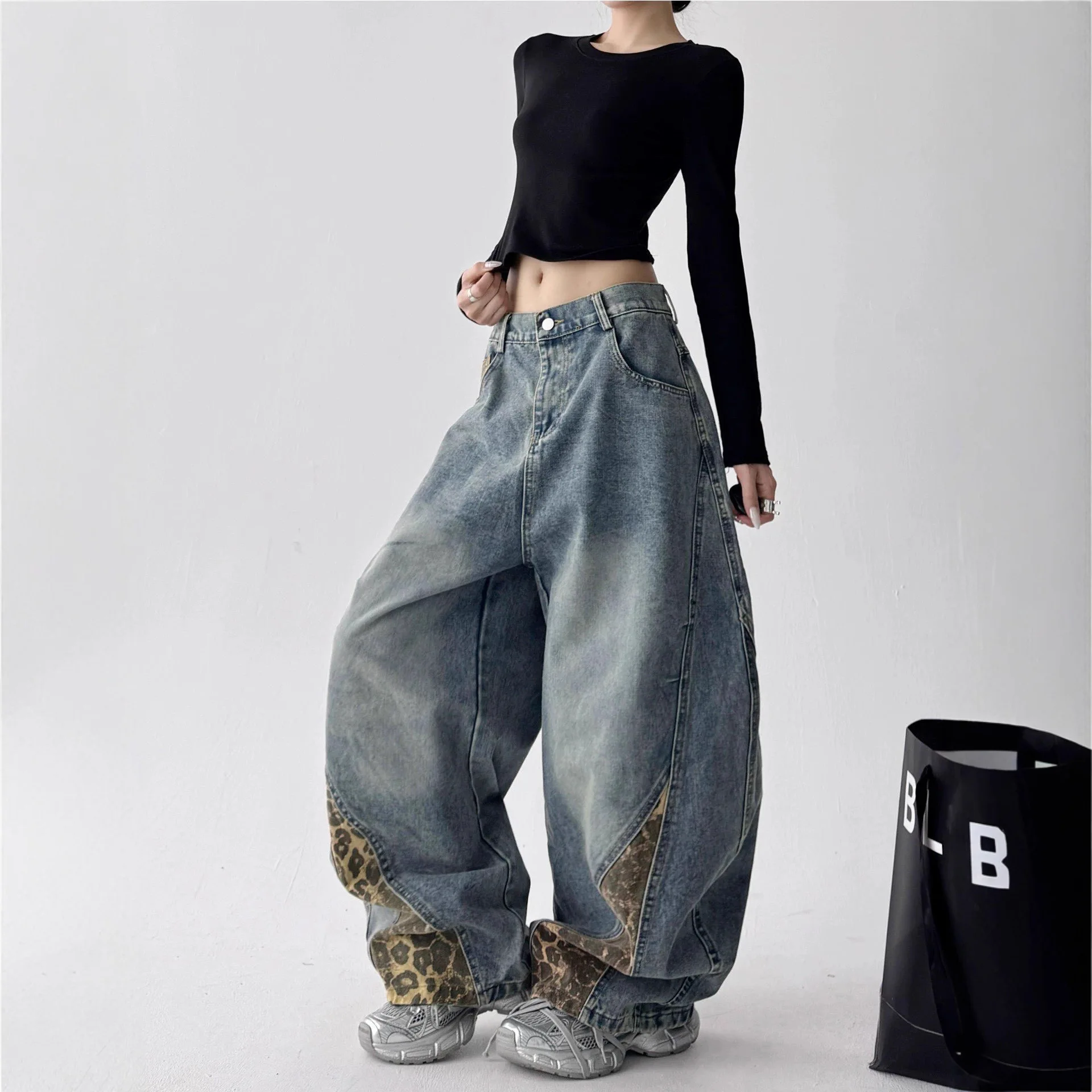 Women Jeans Vintage Leopard Print Jeans 2026 Spring Autumn Patchwork Baggy Hip-hop Slim Fit Jazz Dance Curved Pants