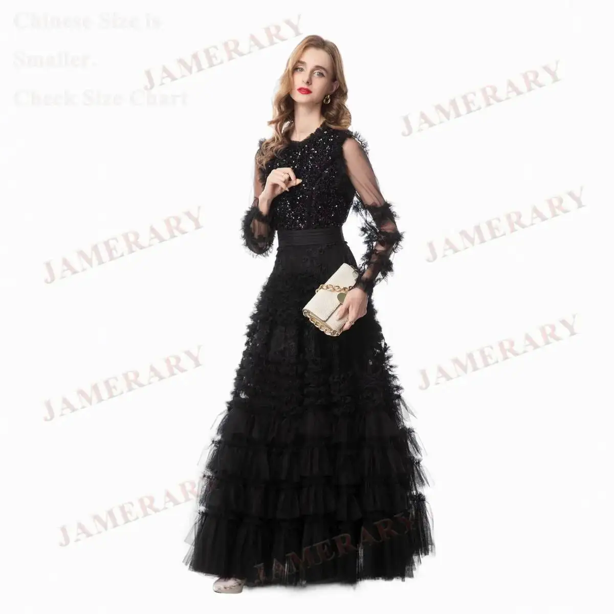 Verão outono luxo formal noite vestidos longos feminino manga preto ruflfe bolo lantejoulas vestido senhora baile de formatura festa marca vestidos