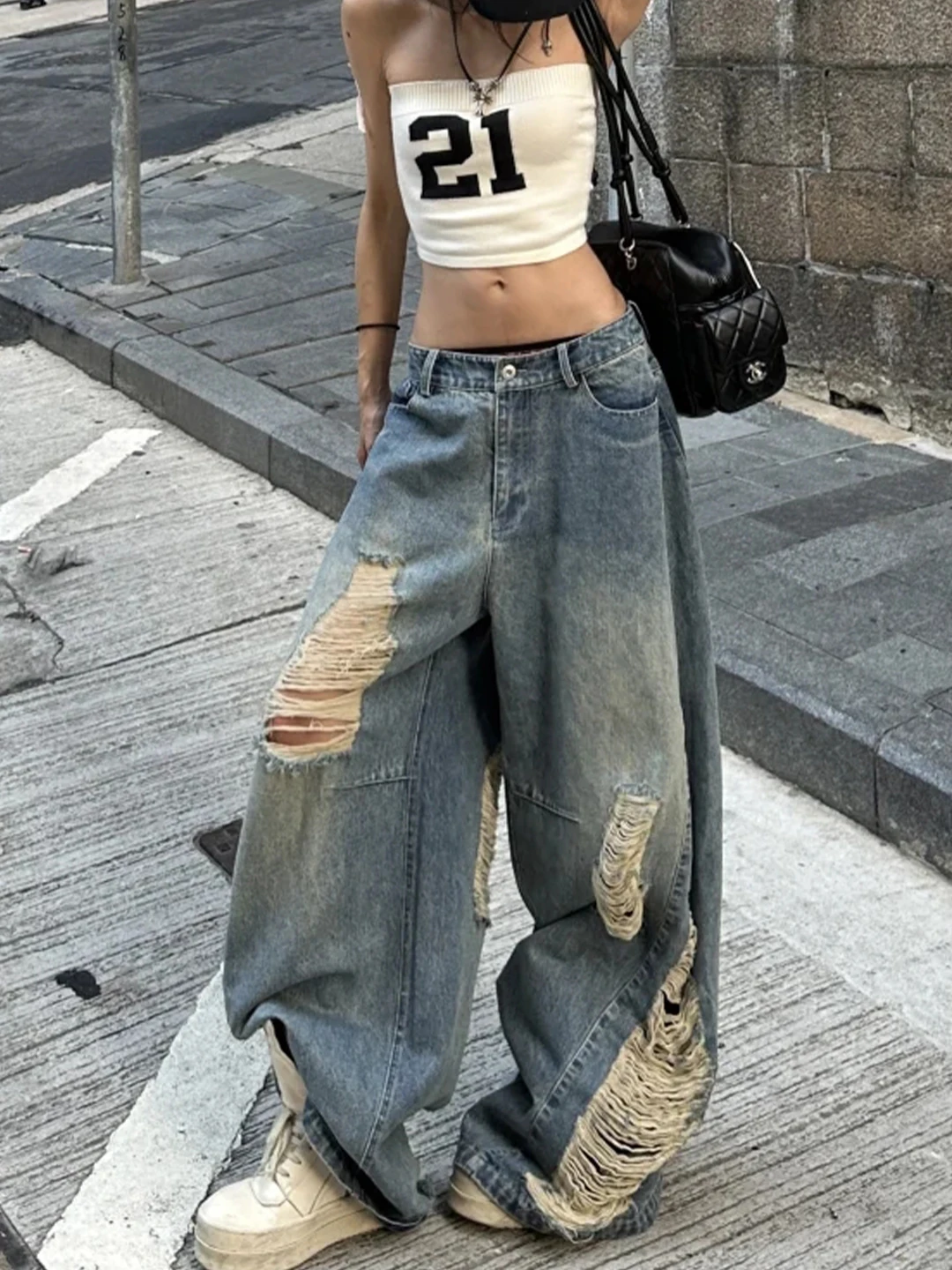 

Американские винтажные потертые джинсы, женские свободные широкие брюки с высокой талией длиной до пола, летние повседневные брюки на молнии