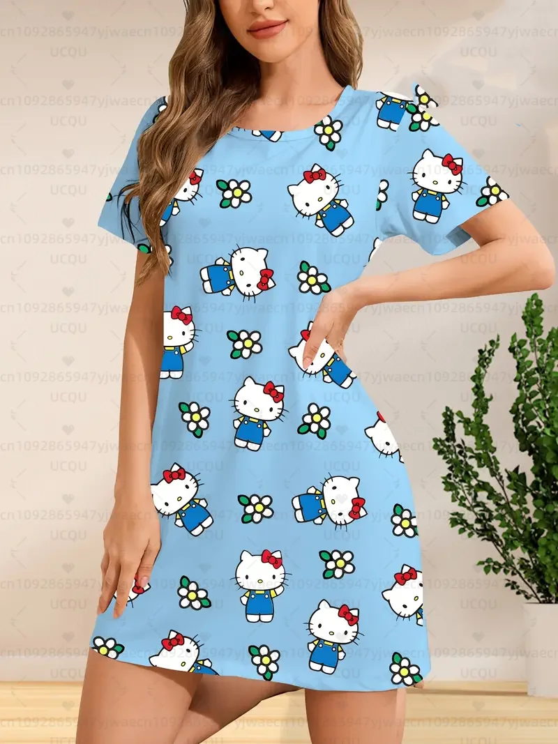 夏の女性の Tシャツドレスプラスサイズカジュアルハローキティプリント O ネックレディ半袖プルオーバードレス女性服