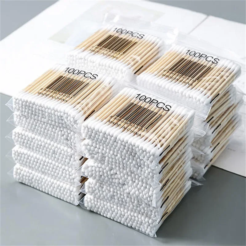 100/2000pcs Double Head Wood Cotton Swab Nose Ears Cleaning Lipstik Cotton Buds Tip Sticks Women Makeup Tools Bastoncillos Oidos