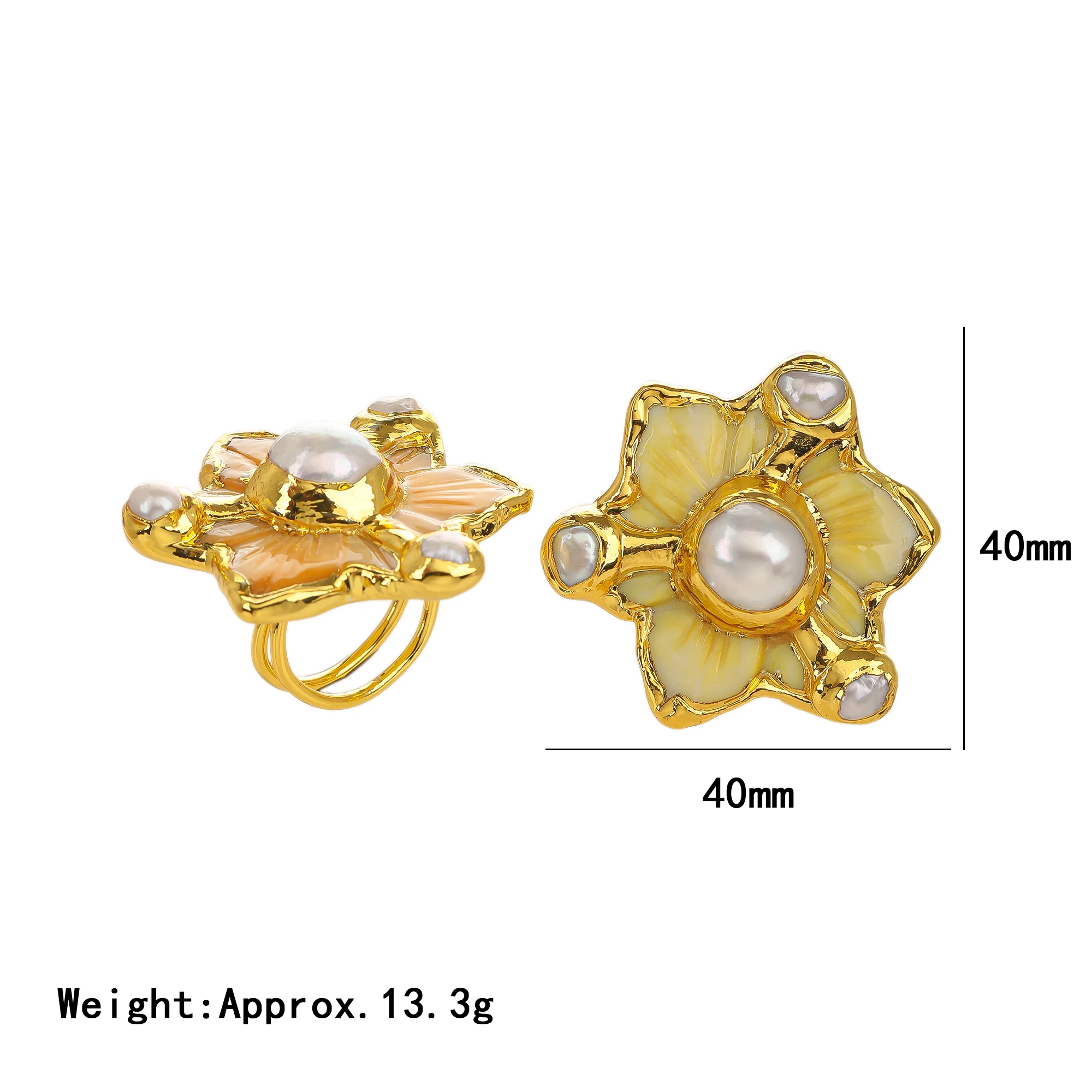 

High Quality 18K Gold Plated Natural Shell Flower Pearl Inlay Rings Resizable Fashion Jewelry for Gifts and Parties