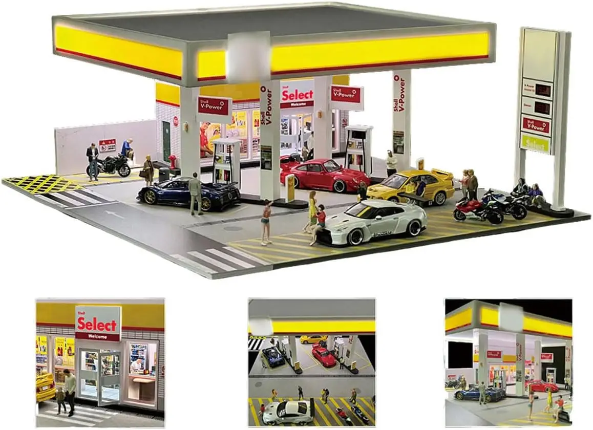 1/64 Scale Miniature Shell Gas Station Diorama Kit Model Building Scene Set Collectible Desk Decor for Home Office