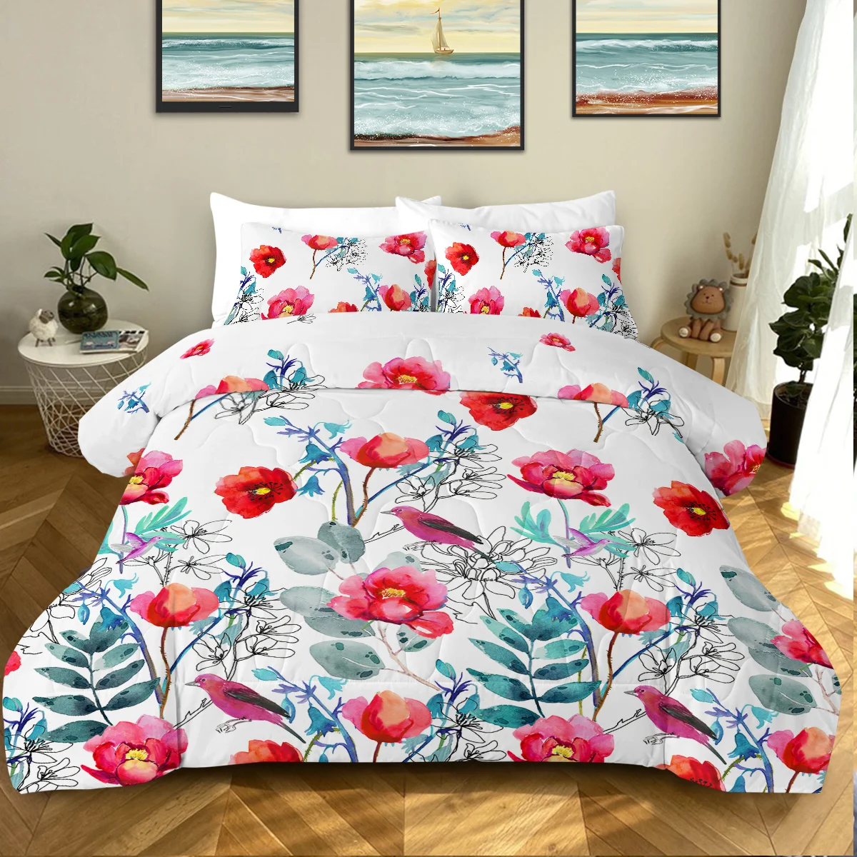 

3 Piece Falling Red Flowers Design Comforter Set Comfortable Quilt Set Suitable for All Seasons Home Decor