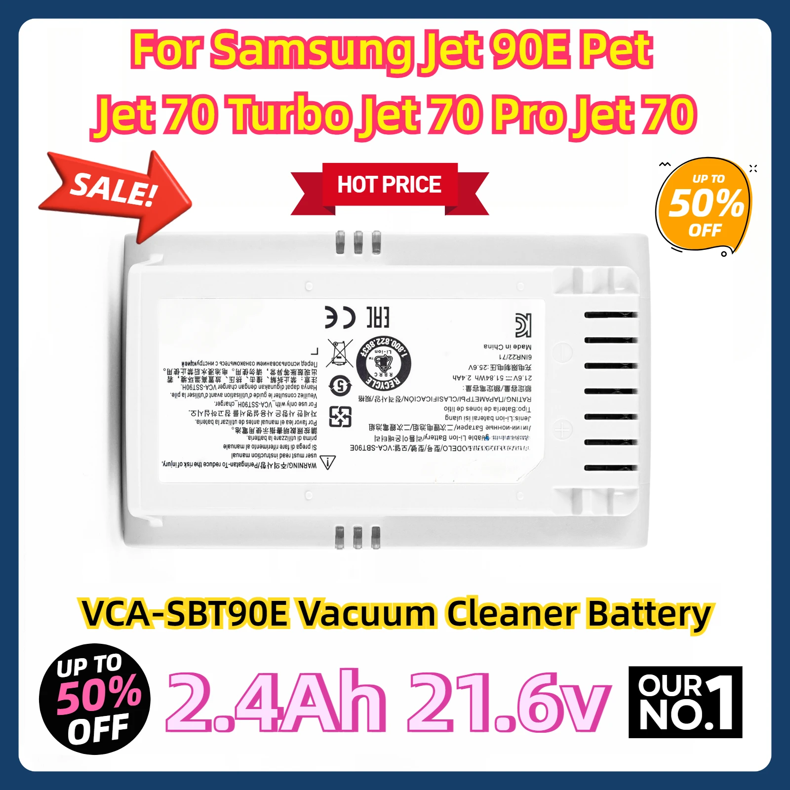 For Samsung Jet 90E Pet, 70 Turbo, 70 Pro, 70 Complete VCA-SBT90E Vacuum Cleaner Battery