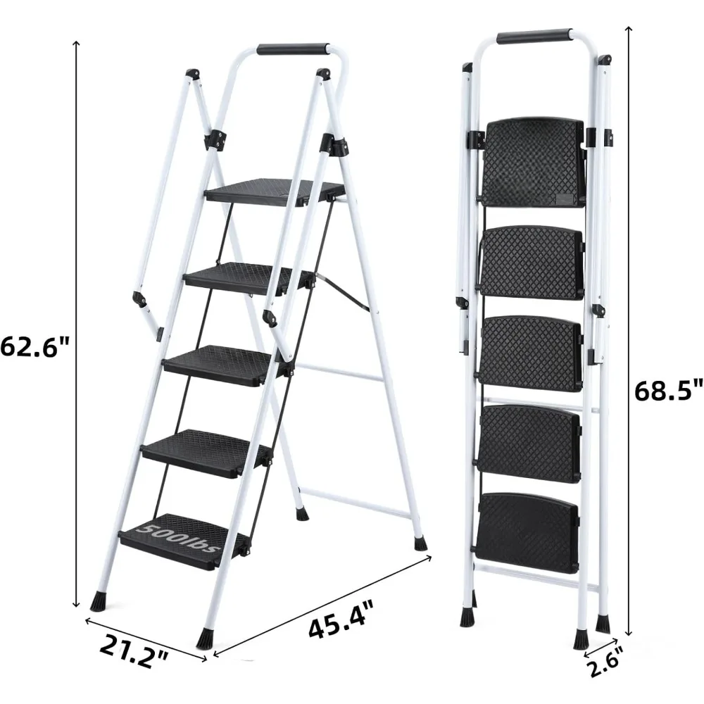 Escada dobrável de aço de 5 degraus com corrimãos, pedais largos, capacidade de 300 libras para uso doméstico