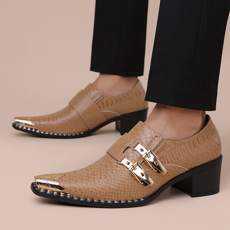 Designer Men's Slip-On Derby Shoes Black New Luxury Pu Snake Leather Pointed Toe Business Dress Shoes Trendy Party Wedding Shoe
