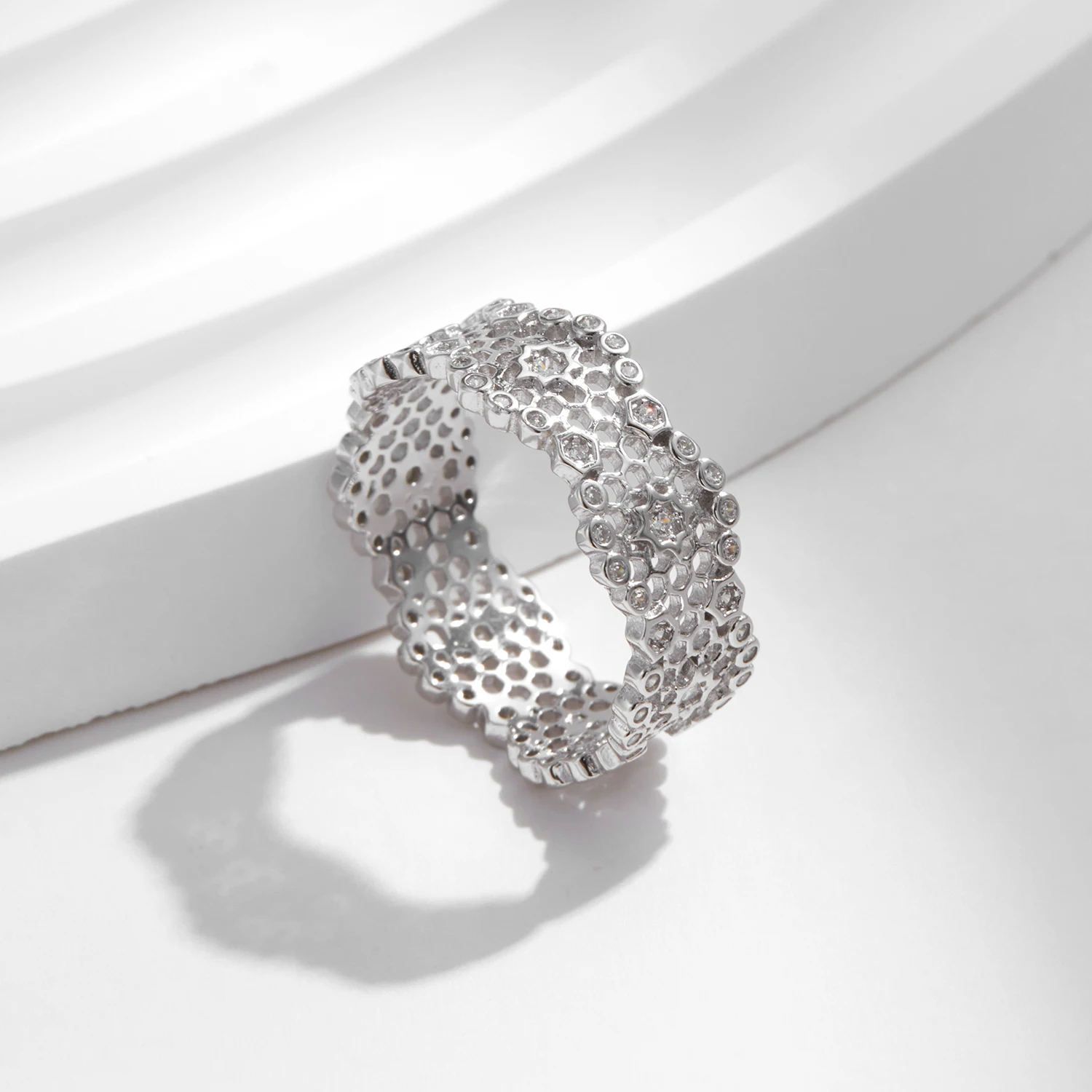 MODIAN 925 Sterling Silver wysokiej klasy nieregularne o strukturze plastra miodu szerokie pierścienie na palce moda pierścionek do układania w stosy dla kobiet Party Fine Jewelry — zdjęcie 5