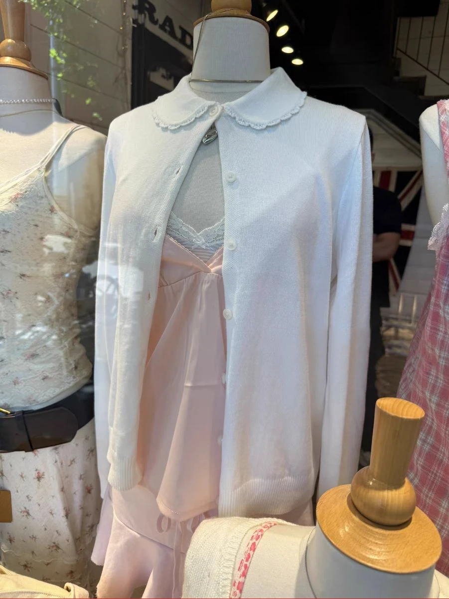 

Белый свитер с кружевной отделкой, женский кардиган с воротником Питера Пэна, однобортный трикотаж с длинными рукавами, осенние милые милые хлопковые свитера