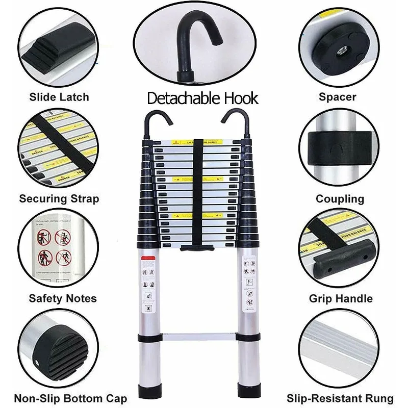 Telescoping  20FT Extension Ladder with 2 Detachable Hooks Aluminum Telescopic Ladder Collapsible Ladder Fully Extended 24