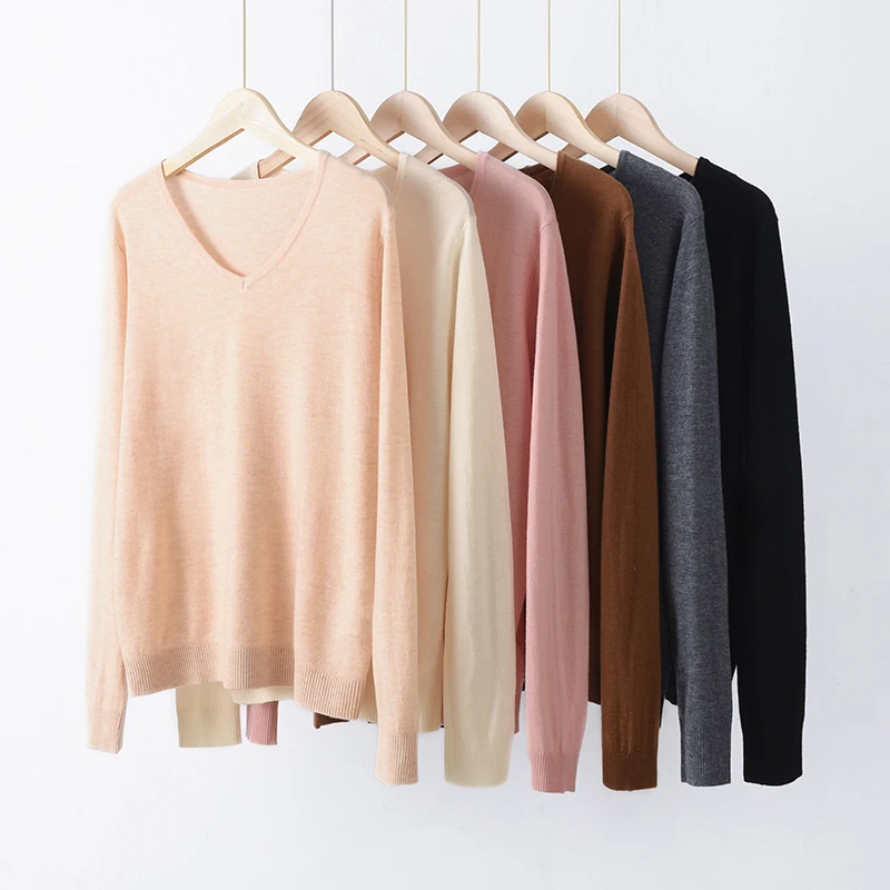 DjzDsm Woman High-quality imitation 100%Pure Merino Wool V-Neck Autumn Winter Sweater Comfortable Warm Knitwear for Casual Wear